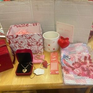 Valentines Day gift set w handled box incl heart necklace, mug, purse charm more